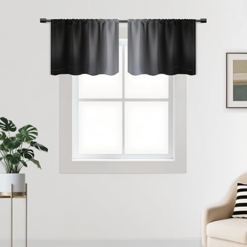 SimpleHome Black Small Curtains Waterproof Soft Rod Pocket Valance for Kitchen, Rod Pocket Room Darkening Waterproof Valances for Cafe/RV Camper, 2 Panels, 42x18 inches Length - color: Black, size: 42"W x 18"L (Pack of 2)