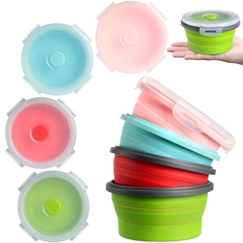 Suclain 4 Pcs Collapsible Bowls with Lids Silicone Camping Food Storage Container Expandable Folding Salad Lunch Box Travel Container for Hiking Camping - color: Red, Pink, Blue, Green, size: 12 oz