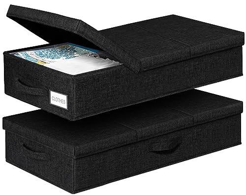 punemi Under Bed Storage Containers, Set of 2 Low Profile Under Crib Storage Bins With Lid, Large Sturdy Under Bed Clothes Drawer Organizers Box for Dorm Room Couch Closet Basement, Black - color: Black-2pack, size: 6 Inch Tall