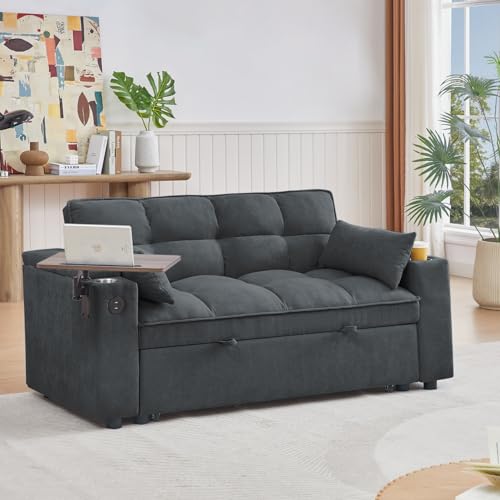 oaaktu 65''Convertible Sleeper Sofa Bed,3-in-1 Pull Out Couch Bed with 360 Degree rotatable Side Table and USB Ports for Living Room,RV (07Dark Grey) - color: 07dark Grey