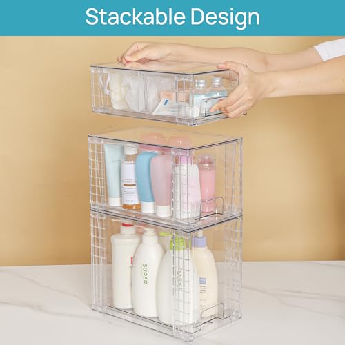 Vtopmart 3 Pack Clear Stackable Storage Drawers,Easy to Assemble Bathroom Organizers and Storage with handles,Plastic Drawers for Kitchen Pantry,Cabinet,Under Sink Organization - style: 1 Large+1 Medium+1 Small