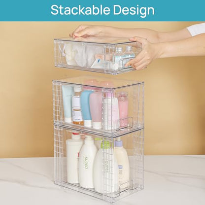 Vtopmart 3 Pack Clear Stackable Storage Drawers,Easy to Assemble Bathroom Organizers and Storage with handles,Plastic Drawers for Kitchen Pantry,Cabinet,Under Sink Organization - style: 1 Large+1 Medium+1 Small