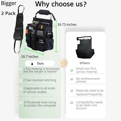 2 Pack Front & Seat back organizer with dedicated tablet and 17 IN laptop storage stabilizers external stabilizing side straps soft adjustable shoulder straps hardened buckle (Large Black) - color: Large Black