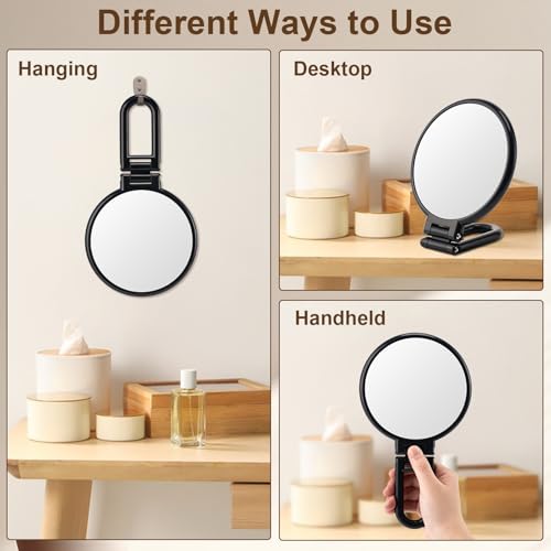 BOOMIBOO 1X/10X Magnifying Handheld Mirror Double Sided, Foldable Travel Makeup Mirror, Adjustable Rotation Pedestal Hand/Hanging/Desk Vanity Mirror-Black - color: Black