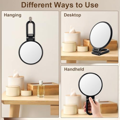 BOOMIBOO 1X/10X Magnifying Handheld Mirror Double Sided, Foldable Travel Makeup Mirror, Adjustable Rotation Pedestal Hand/Hanging/Desk Vanity Mirror-Black - color: Black