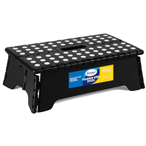 Korpai 5" Folding Step Stool for Adults and Kids 15-Inch Extra Wide Stool Holds Up to 300 lbs,Non-Slip Folding Stools with Handle,Compact Plastic Foldable Step Stool for Bathroom,Kitchen,ect - color: Black, size: 5 Inch