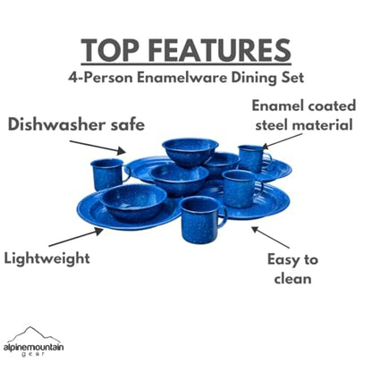 4-Person Enamelware Dining Set for Camping and Backpacking - Camping Gear Essentials for Camping and Backpacking by Caddis Sports