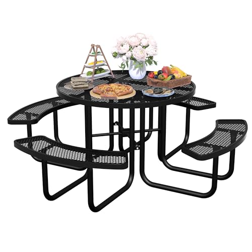 46'' Round Metal Picnic Table for Outdoors, Commercial Steel Metal Picnic Tables, Heavy Duty Sturdy Picnic Tables Furniture Set for Patio Garden Courtyard BBQ, with Umbrella Hole - color: Black, size: 46in Round