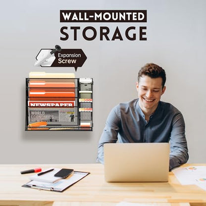 SUPEASY Wall File Organizer, 5-Tier office wall organizer with 4 Pen Holders, Wall Organizer for Office with R-shaped Bottom Tray, Metal Desk Organizer for Office, School, Home, Black