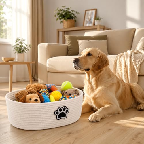 Woven Basket,Dog Toys Basket with Handle,Cute Cotton Gift Baskets Empty for Puppy Leash,Blanket Food, Accessories Pet and Household Storing - color: White