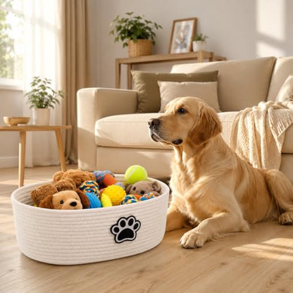 Woven Basket,Dog Toys Basket with Handle,Cute Cotton Gift Baskets Empty for Puppy Leash,Blanket Food, Accessories Pet and Household Storing - color: White