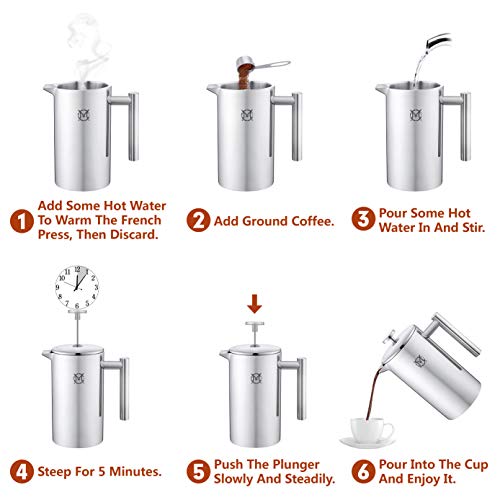French Press Coffee Maker – Single Serve 1 Cup Small Stainless Steel Thermal Double Walled French Press 350ML/12OZ - size: 12 fl oz (350 ml)