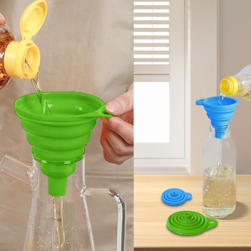 Kitchen Funnel Set 2 Pack, Small and Large, Kitchen Gadgets Accessories Foldable Silicone Collapsible Funnels for Filling Water Bottle Liquid Transfer Food Grade(Green,Blue) - color: Green+Grey