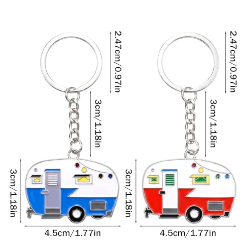 Thinp 2 Pieces Camper Keychain, RV Camper Keyring Accessories for Travel Trailers Enameled Metal Retro Camping Car Keychain - color: Blue+red