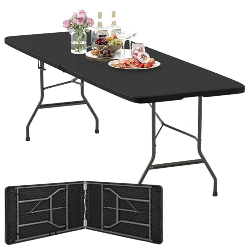 FDW 8FT Folding Table, Portable Fold-in-Half Plastic Picnic Party Table with Carrying Handle (Black, 8FT) - color: Black, size: 8 FT 94"x29"