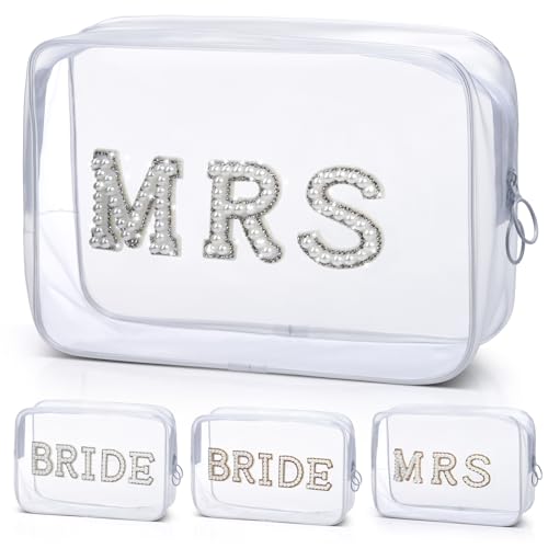 Etercycle MRS Clear Cosmetic Bag, Bachelorette Gifts for Bride Makeup Bag, Portable PVC Travel Toiletry Bag Bling Pearl Rhinestone Patch Letter Bags for Engagement Bachelorette Party Wedding (Silver) - color: Silver, style: Mrs