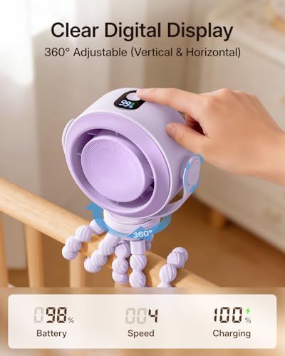 SWEETFULL Portable Stroller Fan, Pinch-Proof Baby Fan, 5-Speed Quiet Mini Clip on Fan, USB-C Rechargeable Battery, LED Display for Car Seat, Crib & Travel - Purple - color: Purple
