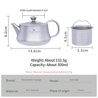 Boundless Voyage Titanium Kung Fu Tea Set with 3 Teacups Portable Camping Kettle Reusable Travel Coffee Tea Cup Set (Ti3118D-300ml) - color: Ti3118D-300ml