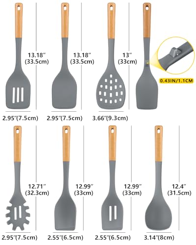 Silicone Kitchen Utensil Set for Non Stick Cookware, 7 Pcs Heat Resistant Cooking Utensils with Wooden Handle, BPA Free Kitchen Tools with Spatulas, Spoons, Skimmer and Pasta Fork (GRAY) - color: Gray