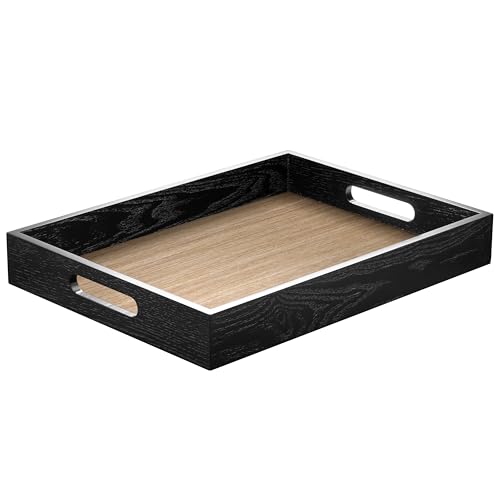 ATZYmolin Wood Serving Tray with Handles, Home Decorative Wooden Rectangle Ottoman Decor Platter Vanity Tray for Breakfast Dinner Drinks Kitchen Dining Living Bathroom Restaurants Black Wooden - color: Black Wooden