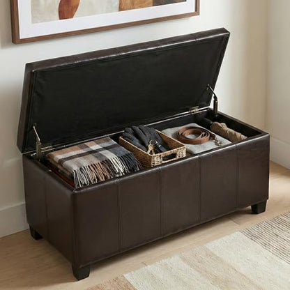 SIMPLIHOME Dover Storage Ottoman Bench - 36 inch Wide Upholstered Vegan Leather Rectangular Lift-Top Ottoman in Tanners Brown, Contemporary Bench for Living Room with Safety Hinges - color: Tanners Brown