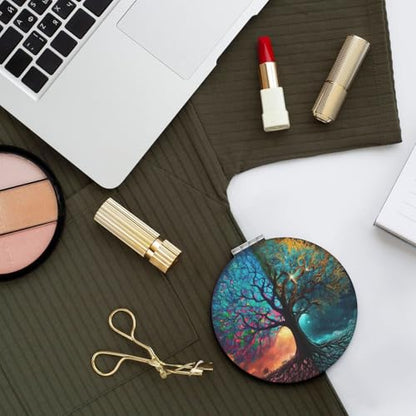 Magic Fantasy Tree Art Print Foldable Travel Pocket Mirror Round PU Leather Portable Mini Makeup Double Sided Handheld Magnifying,2.6 in - color: Magic Fantasy Tree Art