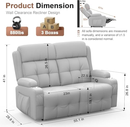 Reclining Loveseat, 55.1" RV PU Leather Wall Hugger Recliner Love Seats Sofa with Charging Station, Removable Armrest, Cup Holder, Double Recliners Couch, Manual Love Seat for Living Room - color: Light Gray, size: Hera - Loveseat