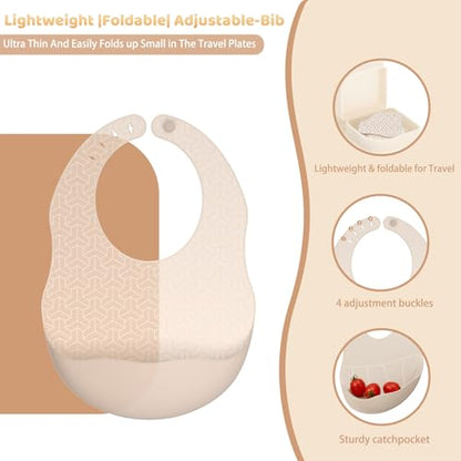 Beige Travel Silicone Foldable Feeding Set, On-the-Go Baby Feeding Supplies Including Toddler Plates, Silicone Baby Spoon&Fork, Adjustable Foldable Bib, Portable Infant Toddler Utensils - color: Beige