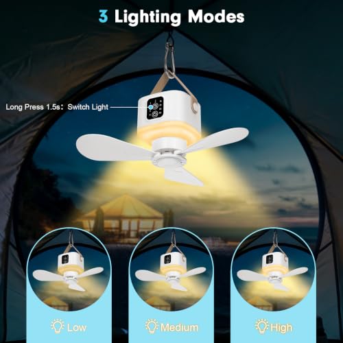 Portable Ceiling Fan with Lights Remote,USB Rechargeable Camping Fan,9.25" Wireless Tent Fan with 4 Speeds,Timer,Battery-Powered Ceiling Fan for RV,Truck,Rooftop Tent,Travel,Camping (White(B)) - color: White(B)