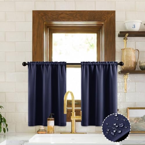 Navy Blue Curtains for Kitchen & Bathroom Windows - Waterproof Blackout, 24 Inch Length - color: Navy, size: 30"W x 24"L (Pack of 2)