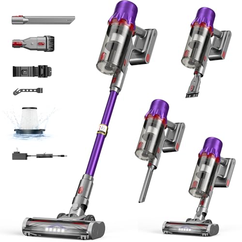 Cordless Vacuum Cleaner for Home - Powerful Stick Vacuum with HEPA Filter, 55-Min Runtime, LED Light, Anti-Tangle Brush, Detachable Battery,Lightweight Vacuum for Pet Hair,Carpets & Hard Floors - color: Purple