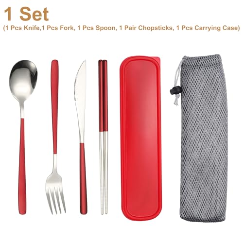 uxcell Travel Utensils with Case, Stainless Steel Portable Silverware, Red/Silver - color: Red/Silver