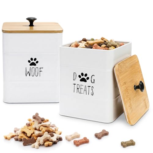 SOUJOY 2 Pack Dog Treat Container, 3Lbs Airtight Pet Food Storage Container with Lid, 7"x5" Iron Small Pet Treat Canister for Cookie, Bone, Biscuit, Dog Food Bin for Kitchen Counter, White