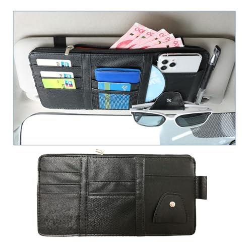 Augeny Car Sun Visor Organizer, Leather Multi-Pocket Auto Visor Storage Pocket Pouch Holder with Zipper, Vehicle Interior Accessories for Car Truck SUV Sun Visor Case Bag (Black) - color: Black