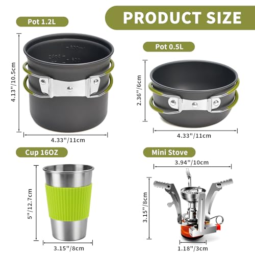 aiGear 8pcs Camping Cooking Set for 1-2 People with Pot Cutlery Stove Stand | Lightweight aluminum nonstick cookware, folding handles, nesting design, portable for camping, picnic, hiking, backpacking - color: Green