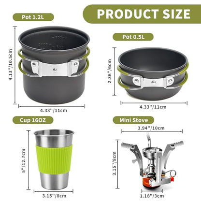 aiGear 8pcs Camping Cooking Set for 1-2 People with Pot Cutlery Stove Stand | Lightweight aluminum nonstick cookware, folding handles, nesting design, portable for camping, picnic, hiking, backpacking - color: Green