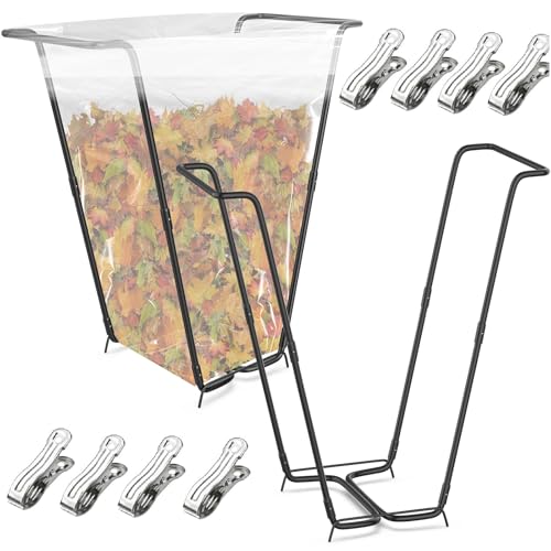 2PCS Outdoor Trash Bag Holder Metal Garden Trash Bag Holder for Yard Waste Stand Holds 30-45 Gallons Leaf Bag Holder with 4 Clips for Leaves Camping Lawn Party Weeding Yard Gardening（2pcs+8clips） - color: 2pcs+8clips