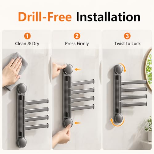 Swivel Towel Rack, 4-Arm Suction Cup Towel Holder, Thicken Aluminum Swing Out Towel Bar, Rustproof Space Saving Towel Hanger for Bathroom and Kitchen (Gun Grey)