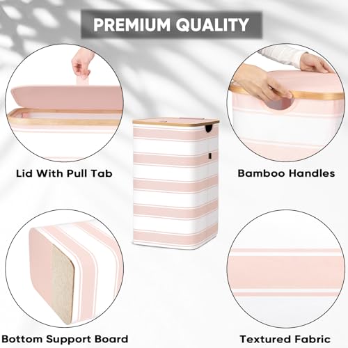 BALEINE Laundry Hamper with Lid, Tall Laundry Baskets with Bamboo Pull Handles, Large Laundry Bin with Internal Support (26 Gal/100L, Pink Stripe) - color: Pink Stripe, size: 100 liters
