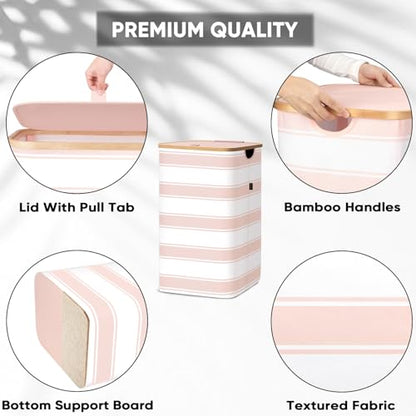 BALEINE Laundry Hamper with Lid, Tall Laundry Baskets with Bamboo Pull Handles, Large Laundry Bin with Internal Support (26 Gal/100L, Pink Stripe) - color: Pink Stripe, size: 100 liters