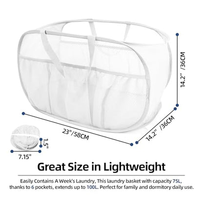 Collapsible Laundry Baskets, Upgrade Pop Up Laundry Hamper with Convenient Bags, Foldable Laundry Basket Mesh Light Weight, Easy to Carry Clothes Hampers for Laundry, Dorm, Toys, Travel White - color: White