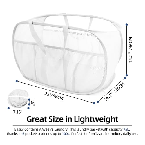 2 Pack Collapsible Laundry Baskets, Upgrade Pop Up Laundry Hamper with Convenient Bags, Foldable Laundry Basket Mesh Light Weight, Easy to Carry Clothes Hampers for Laundry, Dorm, Toys, Travel White - color: 2xWhite