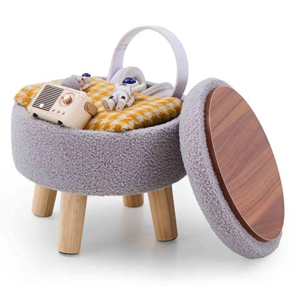 Wimarsbon Storage Ottoman, Modern Round Footrest with Soft Padded Seat, Teddy Velvet Footstool with Wood Legs, Accent Small Table or Plant Stand for Hallway, Living Room (Grey) - color: Grey