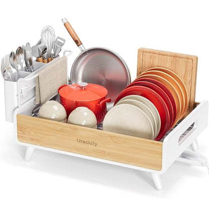 Urackify Dish Drying Rack for Kitchen Counter - Stainless Steel & Bamboo Dish Rack with Large Removable Utensil Holder, Dish Drainer with Adjustable Automatic Spout, White - color: White, size: 1 Tier