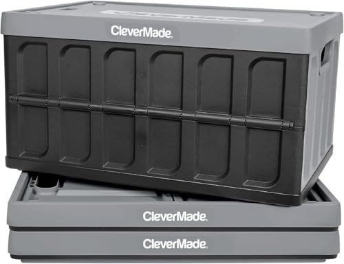 CleverMade Collapsible Storage Bins with Lids (62L, 3 Pack) – Heavy Duty Foldable Plastic Storage Crates for Garage, Closet & Trunk Organization - Stone - color: Stone, size: 62L - 3 Pack
