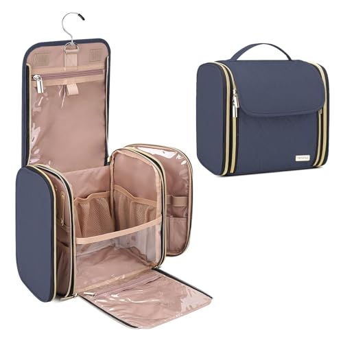 Hanging Toiletry Bag & Makeup Bag for Women with Jewelry Organizer - TSA Approved Large Capacity Travel Cosmetic Organizer, Waterproof Shower Essentials Case with Transparent Pockets - color: Grayblue, style: Minimalist