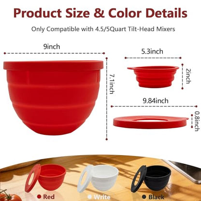 Silicone Bowl Liner for KitchenAid Mixer 4.5/5QT, Collapsible Mixing Bowl Insert with Airtight Lid, Food Grade Silicone KitchenAid Stand Mixer Bowl Liner, Heat Resistant, Dishwasher Safe, 1 Pack (Red)