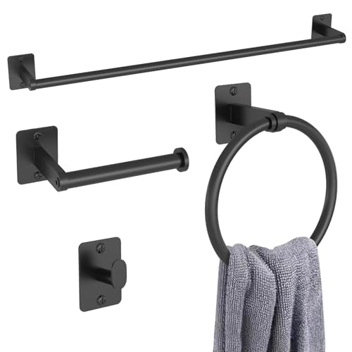 Matte Black Bathroom Accessories Set, KLJKPA 4 Pieces Bathroom Hardware Set, 24 inch Towel Bar, Towel Racks for Bathroom, Robe Towel Hooks, Toilet Paper Holder Wall Mounted - color: Black (4 Piece), size: 24 inch