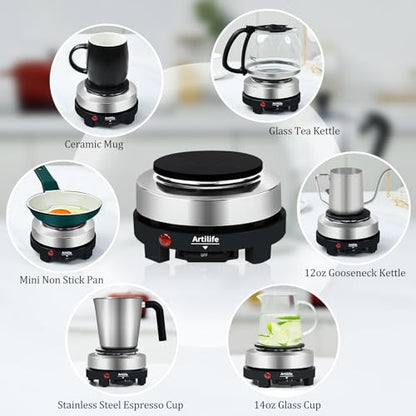 Artilife 500W Mini Electric Hot Plate - Moka Pot Special, 110V Compact RV Camping Stove, 4" Cast Iron Burner for Coffee, Low Wattage Portable (Silver)