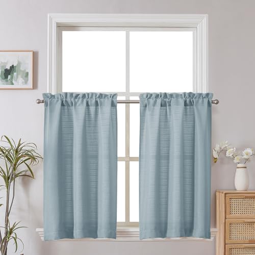Chyhomenyc Bennet Kitchen Curtains 36 Inch Length, Faux Linen Textured Small Cafe Curtains, Light Filtering Short Window Curtain for Bathroom Basement, 30x36 inch, 2 PCS,Aqua with Greenish Tone - color: Aqua, size: 30"W x 36"L (Pack of 2)